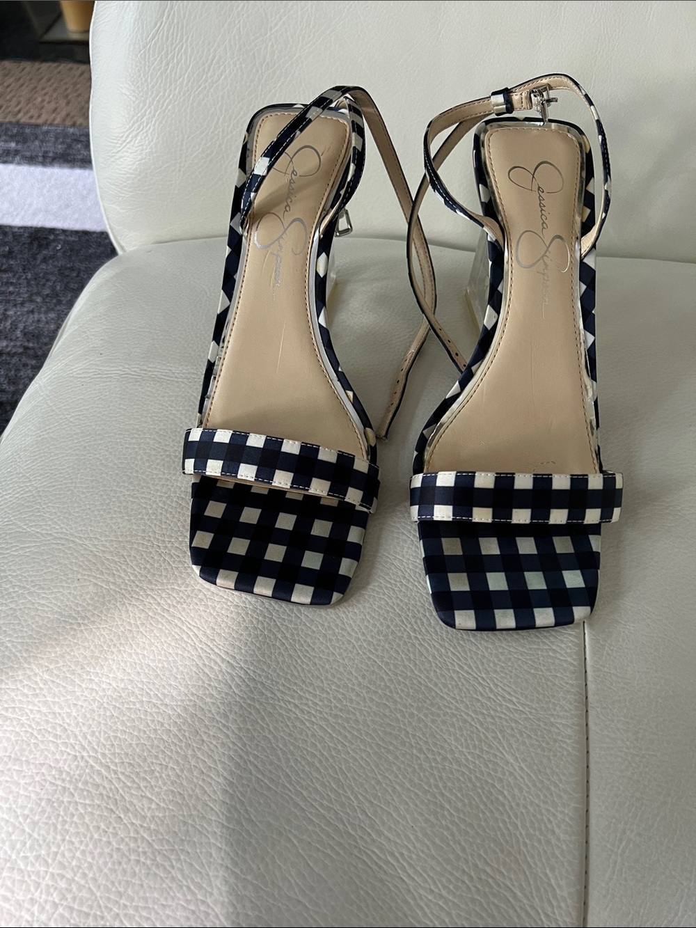 Jessica Simpson Aysie Navy and White Gingham Heeled Sandals